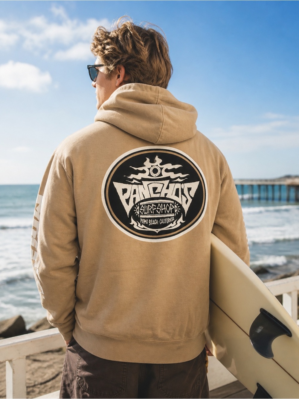 Pancho’s Surf Shop Hoodie M Beige Pismo Beach CA, sz M, NWOT